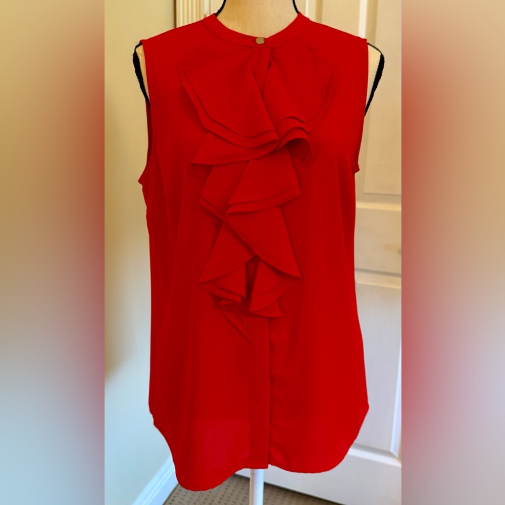 NWOT Karl Lagerfeld Red Sleeveless Ruffled Blouse, Sz S